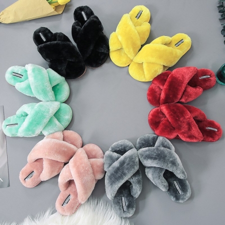Fashion cross plush indoor home slippers casual good quality ladies furry slippers 36-37