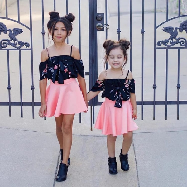 Cute girls 2 piece set comes as an off-shoulder top and a pink skirt Stylish design
