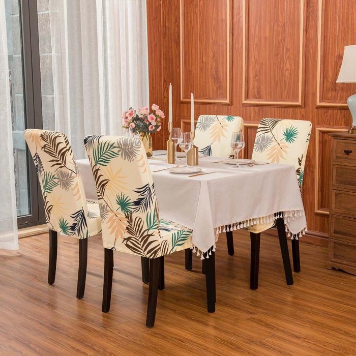 Beige + flowers Dining Room Chair Covers Slipcovers Set of 6, Spandex Super Fit Stretch Removable Washable Kitchen Parsons Chair Covers Protector for Dining Room, Hotel, Ceremony