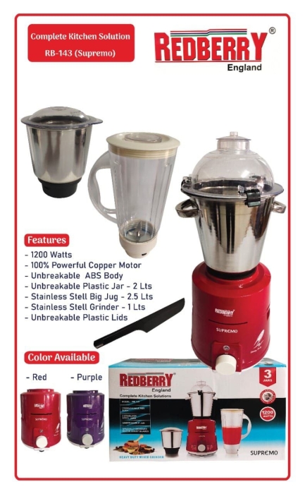 RB-143 Complete Kitchen Solution Redberry England 1200W Heavy Duty Mixer and Crusher