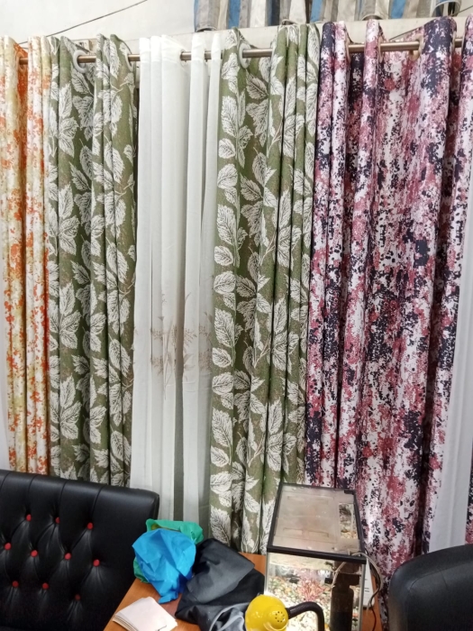3pc 1.5m by 1.5m curtain, 2m green leafy curtain with shear sky blue floral long curtain