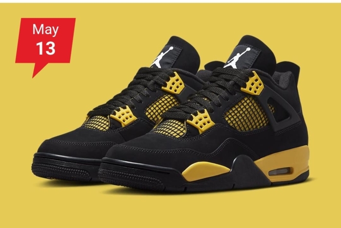 Distinguished Black and yellow Jordan 4 Retro youth exclusive colorway released in May 2021 of Michael Jordan’s third signature shoe sneakers of the best look Sizes 38 to 45