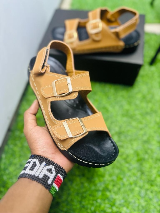 Brown Infashion quality leather men open shoes summer sandals with back heel straps and buckle open shoe size 40 - 45 normal fittings