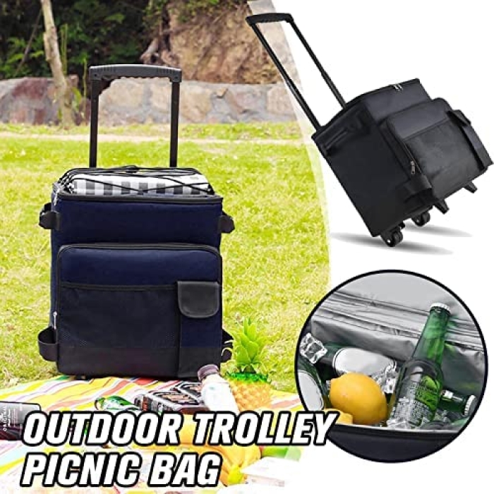 Insulated Compact cooling bag/camping cooler bag with roller wheels // Trolley Cooler Food Bag, Portable Hand Boot Cart Trunk, Insulated Rolling Thermal Beverage with Foldable Wheels Roller for Outdoo
