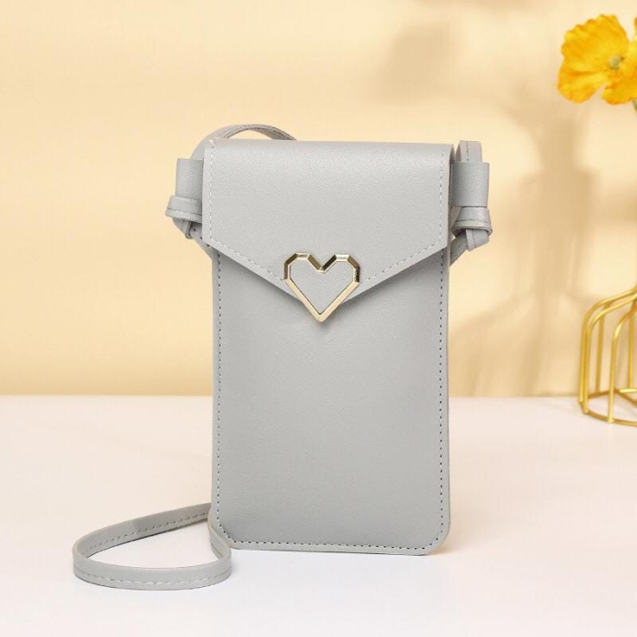 Light Grey Mobile Phone Bag Heart-shaped Decoration Transparent Touching Screen Pouch Wallet Mothers Day Gift NOV99 Sling bag