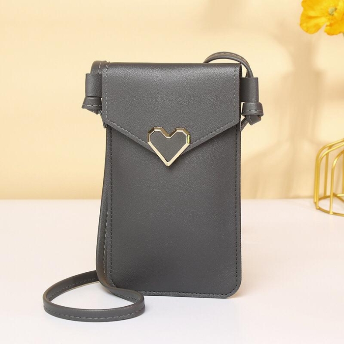 Dark Grey Mobile Phone Bag Heart-shaped Decoration Transparent Touching Screen Pouch Wallet Mothers Day Gift NOV99 Sling bag