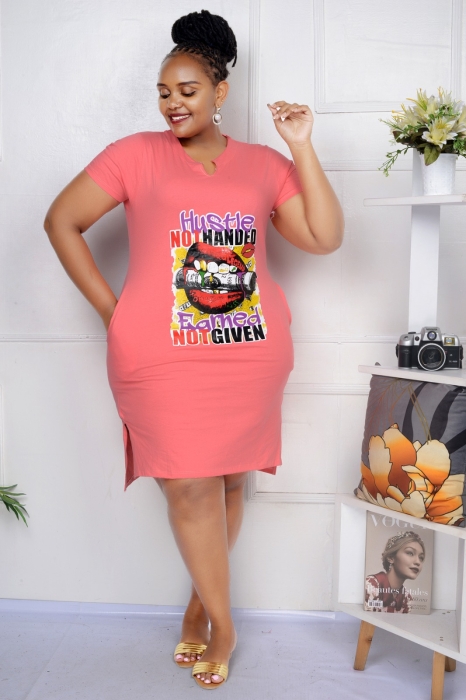 Order New Plus Size Woman Figure & Letter Print Short Sleeve Tee Dress
