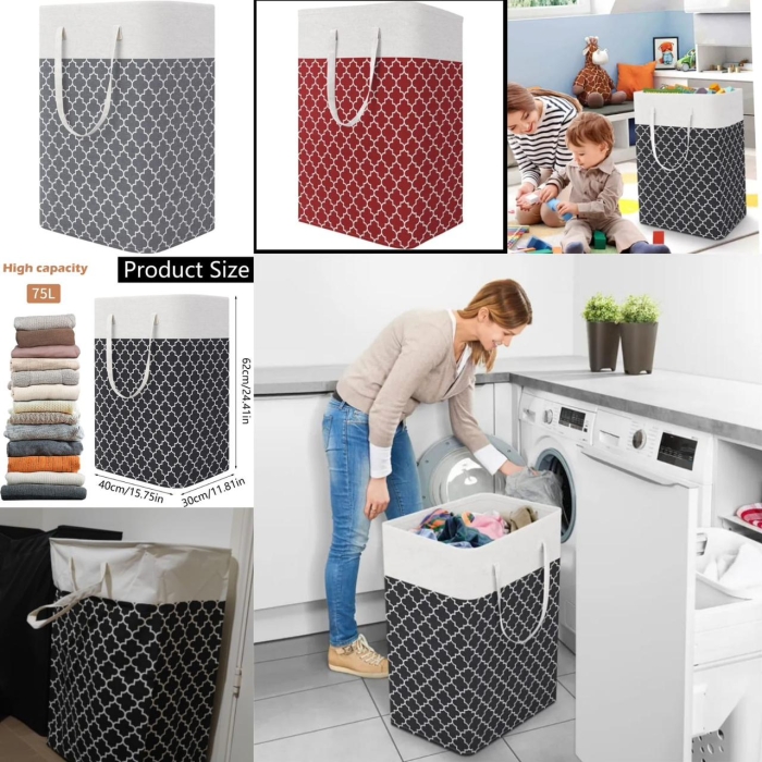 75L Large Laundry Basket Organiser with Extended Handle, Foldable Laundry Hamper, Laundry Box, Storage Basket, Portable Laundry Sorter for Laundry, Clothes, Blankets, Cushions 