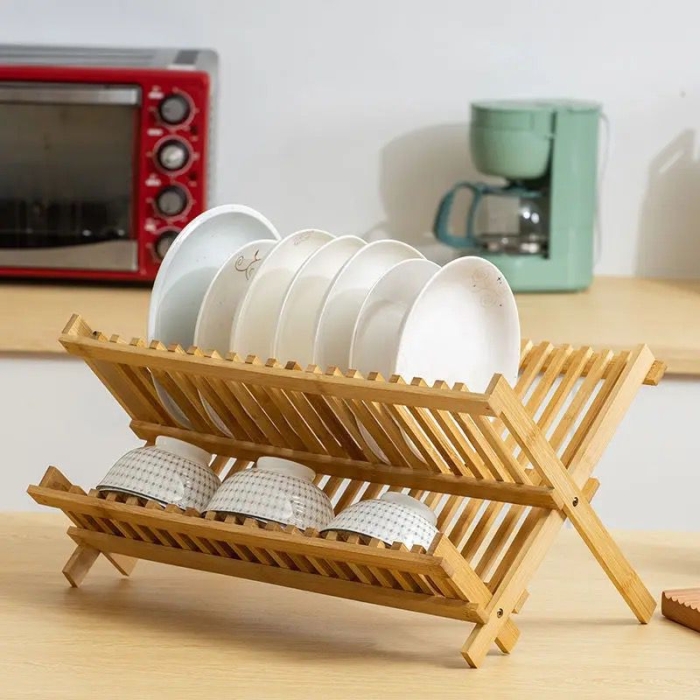 Foldable Wooden Dish Drying Rack Wood, Bamboo 2 Tier Dish Drying Rack, Collapsible Dish Drain Rack Best Dish Holder Dish Drain Rack for Kitchen Countertop