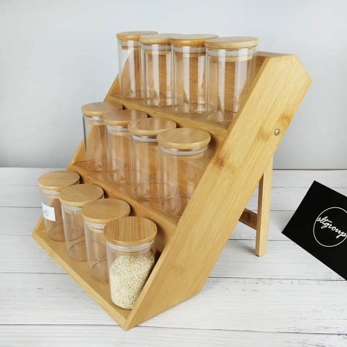3 Tier Decorative Seasoning Bottles Bamboo Holder Condiments Container Rack Spice Jar Shelf For Kitchen Pantry Display And Storage