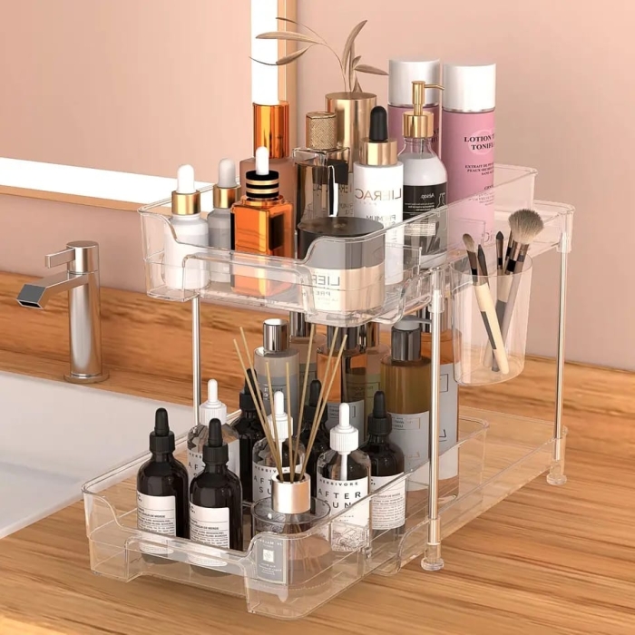 2 tier multifunctional clear organising tray with dividers// Set 2/3 Tiers Large Capacity Makeup Holder Anti-Slip Spice Storage Rack Multipurpose Cosmetic Organizer Stand for Dresser Vanity Kitchen Bathroom(Second floor,transparent)