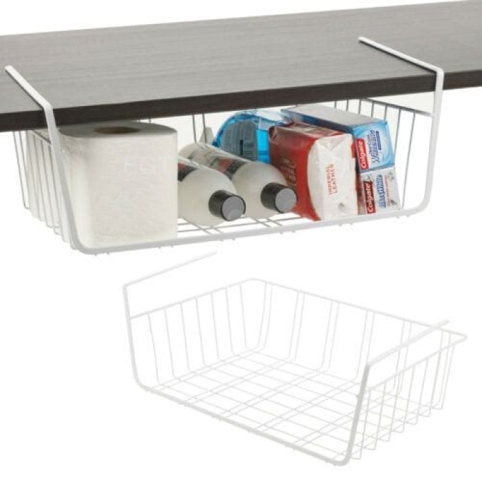 mDesign Large Metal Wire Hanging Pullout Drawer Basket - Sliding Under Shelf Storage Organizer - Attaches to Shelving - Easy Install - 2 Pack - Chrome// Under the shelf mesh rack