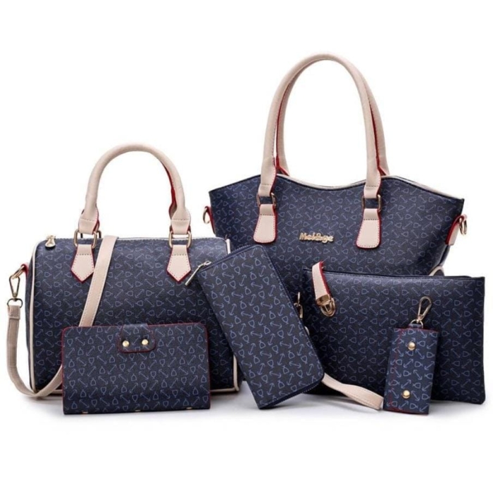 Six Pieces Women Hand bag Set Leather Blue Color