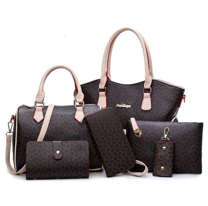 Six Pieces Women Hand bag Set Leather Brown Color