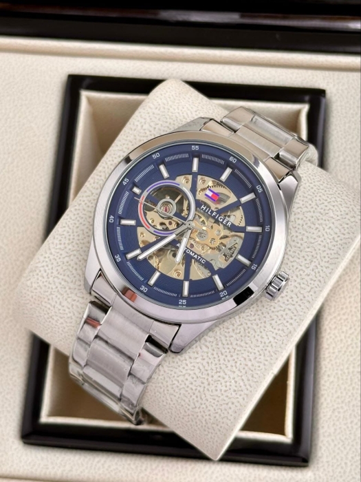 Tommy Hilfiger Fashion Men Automatic Mechanical Watch Stainless Steel Luxury Business Transparent Skeleton Wristwatch Relogio Masculino
