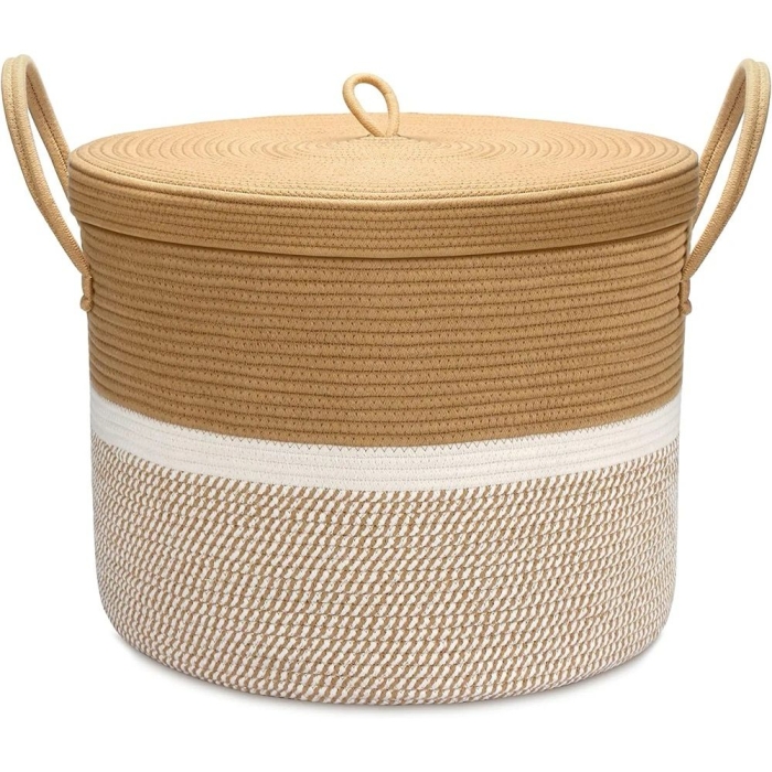 Large Rope Blanket Basket with Lid, Woven Storage Basket Baby Laundry Basket Hamper Decorative Nursery Toy Basket Bin with Handles for Living Room Bedroom