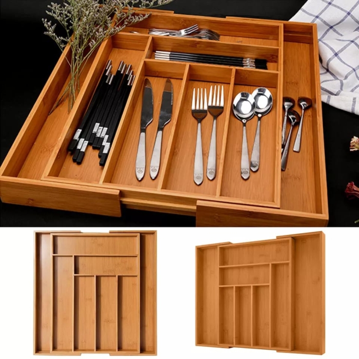 Multifunctional Bamboo drawer organizer Expandable design, two expandable compartments with enough space for all your cutlery, flatware and silverware