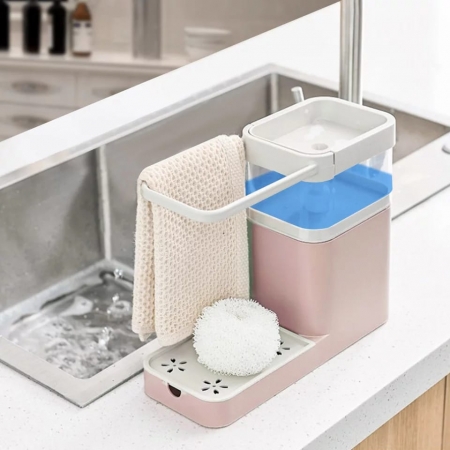 3 in 1 Soap Pump Dispenser Cleaning Liquid Container Sponge Holder Dishcloth Towel Rag Hanger Drain