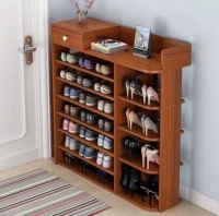 6 tier Partitioned wooden shoe rack with a drawer