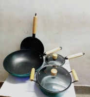 6PCS Granite WOK set with wooden handles and glass lids