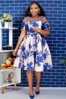 Classy In fashion Blue flowered knee high floral round neck short sleeve flair bottom high quality ladies party dress women church dress sizes M,l,xl,2xl