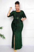 Long African knee high plit Dark Green Belted long dress for women and ladies Rectangular neck shape, Elbow length sleeve size Evening dress/Party dress/ Sexy women dress L-2xL