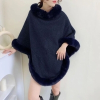 Navy blue High quality Free size warm Ponchos Autumn Winter Women Faux Fur Collar Cloak Thick Outstreet Wear Granular Velvet Warm Poncho Pullover Lady Coat suitable for daily wear, work, school, party, dating, travel, vacation