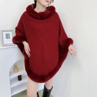 Maroon High quality Free size warm Ponchos Autumn Winter Women Faux Fur Collar Cloak Thick Outstreet Wear Granular Velvet Warm Poncho Pullover Lady Coat suitable for daily wear, work, school, party