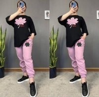 Order ladies fashion Female 2pcs Set Up And Down Joggers-pink/black