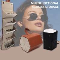 Glasses Storage Portable Glasses Case Foldable Organiser Display Box Brown PU Leather Protection Hanging Organiser Container for Multiple Women Men Travel Hanging 5 Compartments// Sunglasses Organizer
