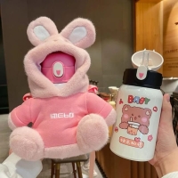 Buy New Designed  Cute Soft Toy Rabbit Thermos Cup Set Rabbit and Bear Kawaii Cartoon Kids Stainless Steel Water Bottle outdoor With Cup Sleeve