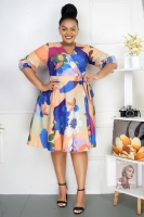 Multi colored Floral chunky hot v-neck long sleeved best ladies dress for Church Office and more sizes 46-54