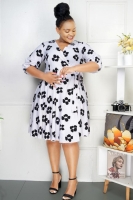 Floral Black and white chunky hot V-neck long sleeved best ladies dress for Church Office and more sizes 46-54