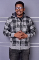 Mens Hooded Cardigan Sweater Checkered Fleece Lined Cardigans Long Sleeve Knitwear Sweater