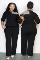 Elegant Ruffles Lace Cut Out Shoulder Elbow-Long Sleeve Blazer And Pant Set,  Black