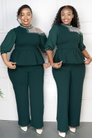 Elegant Ruffles Lace Cut Out Shoulder Elbow-Long Sleeve Blazer And Pant Set,  Green