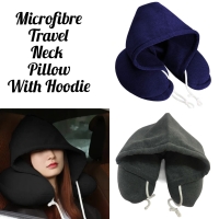 Microfiber Travel Neck Pillow With Hoodie - Black
