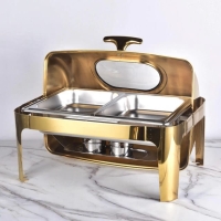 9L Gold Double Rectangular Roll Top Chaffing Dish