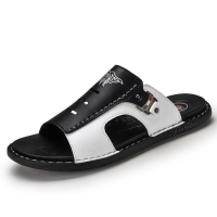 Smart Black Leather Slippers for Men Summer Hot Sale Slides Male Sandals Beach Outsides Shoes Hombre Sandals Outside Shoes / Open shoes